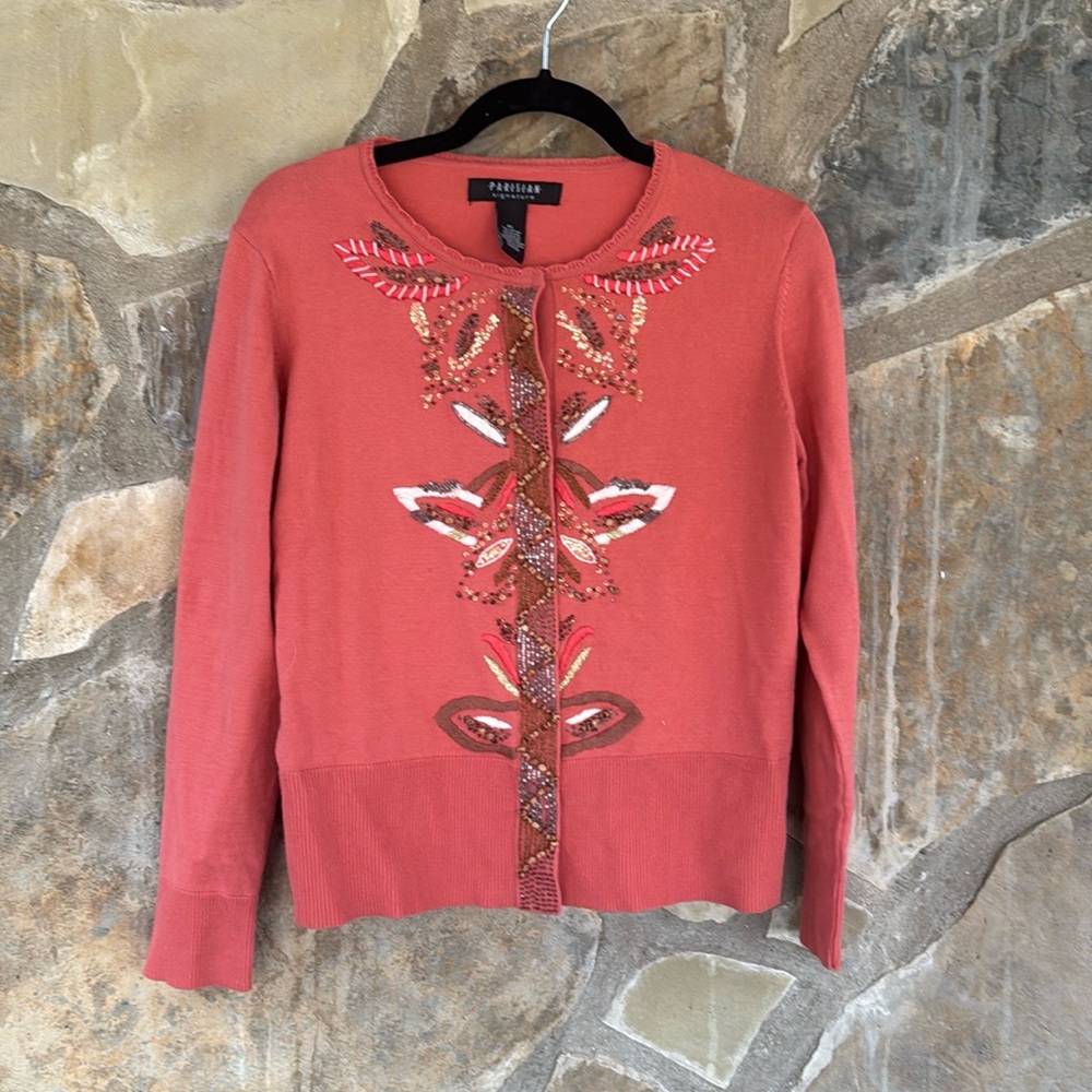 Beaded coral cardigan sweater